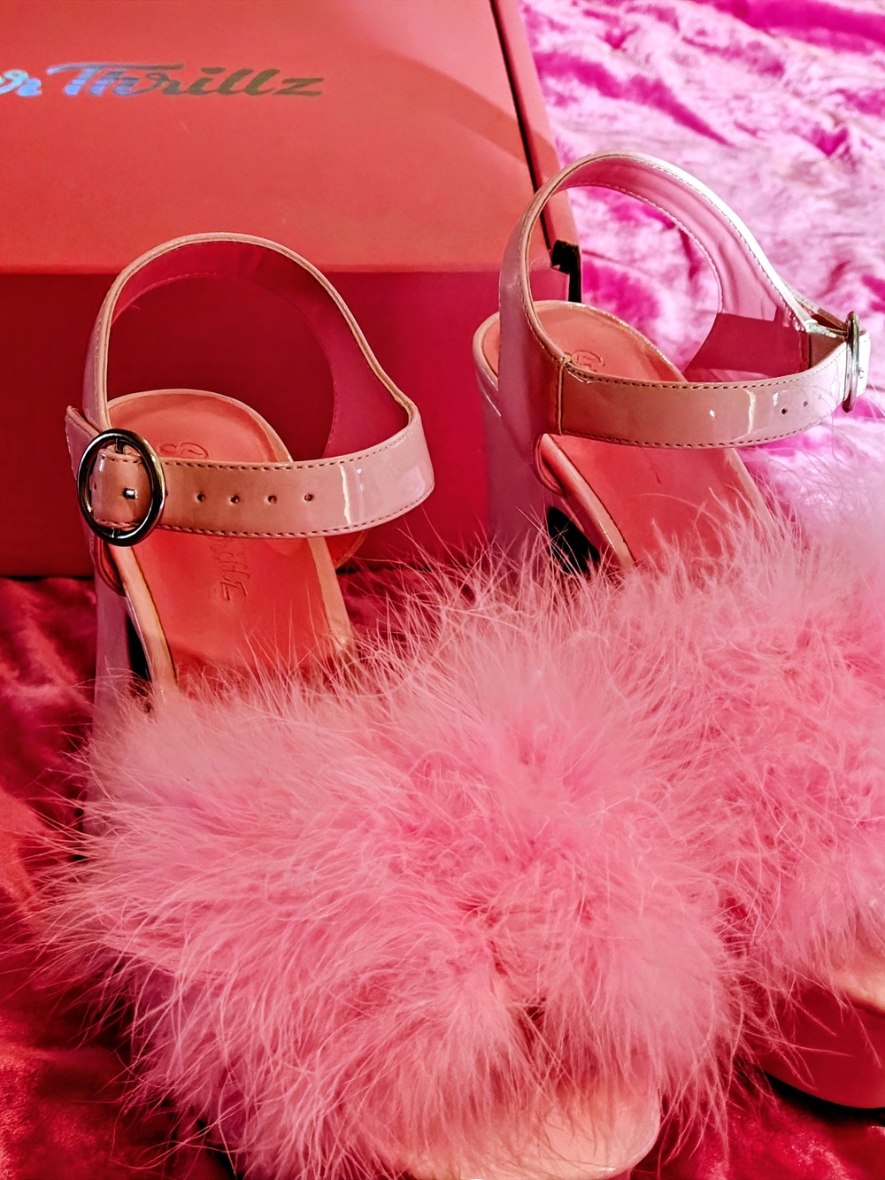 Sugar Thrillz Patent Pink Fluffy Marabou Feathers Barbie Platform Heels